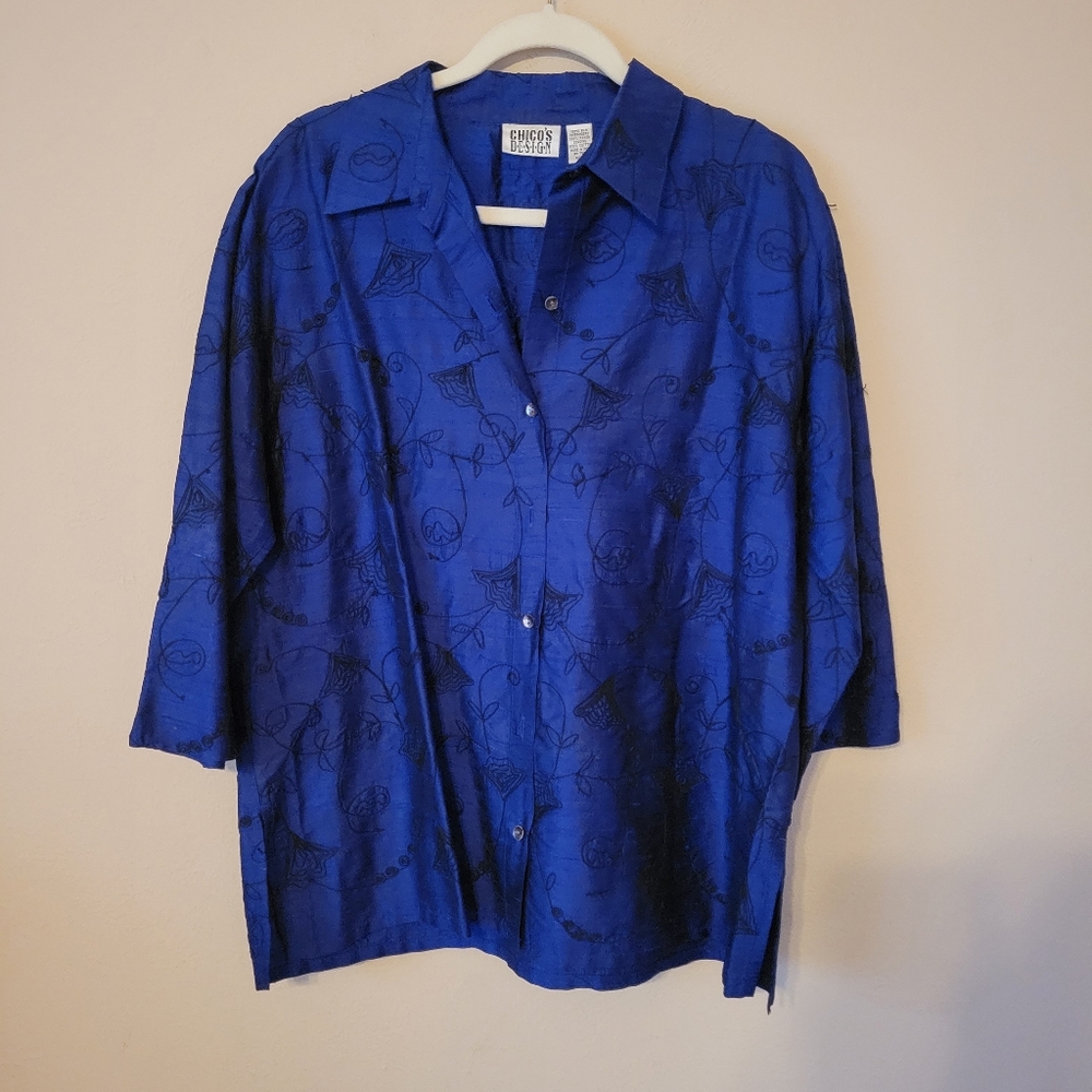 Vintage Chicos Size 3 Silk Embroided Floral Button Down Top Multicolor